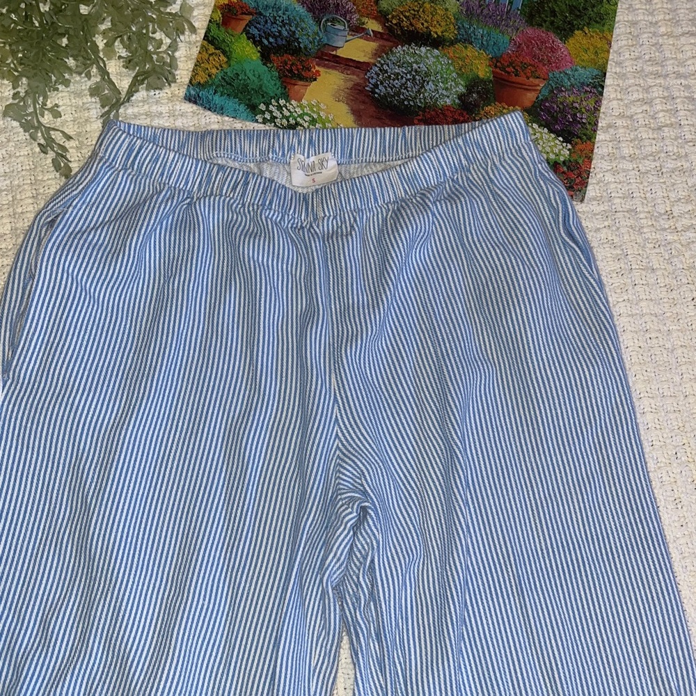 Sienna Sky Blue & White striped flowy wide leg pants -size S
